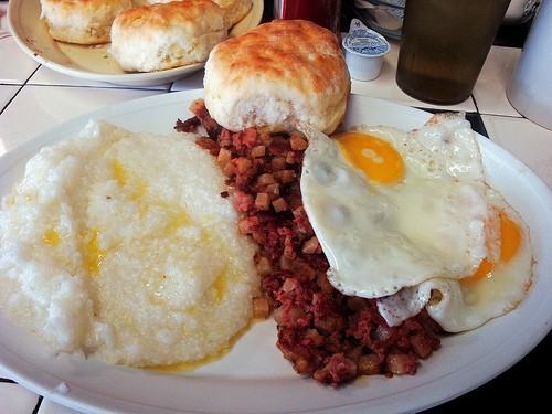 Corned Beef Hash, Grits, Biscuit