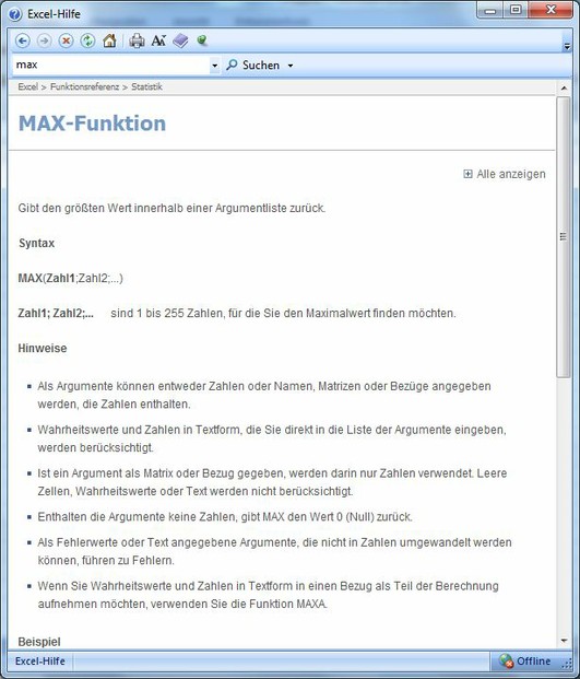 Funktion MAX in der Excel-Hilfe